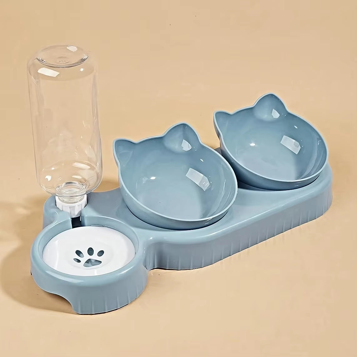 Pet Bowls with Water Feeder, 3 in 1 Ear Design Tilted Cat Water and Food Bowl Set with Gravity Water Bottle for Neck Protection