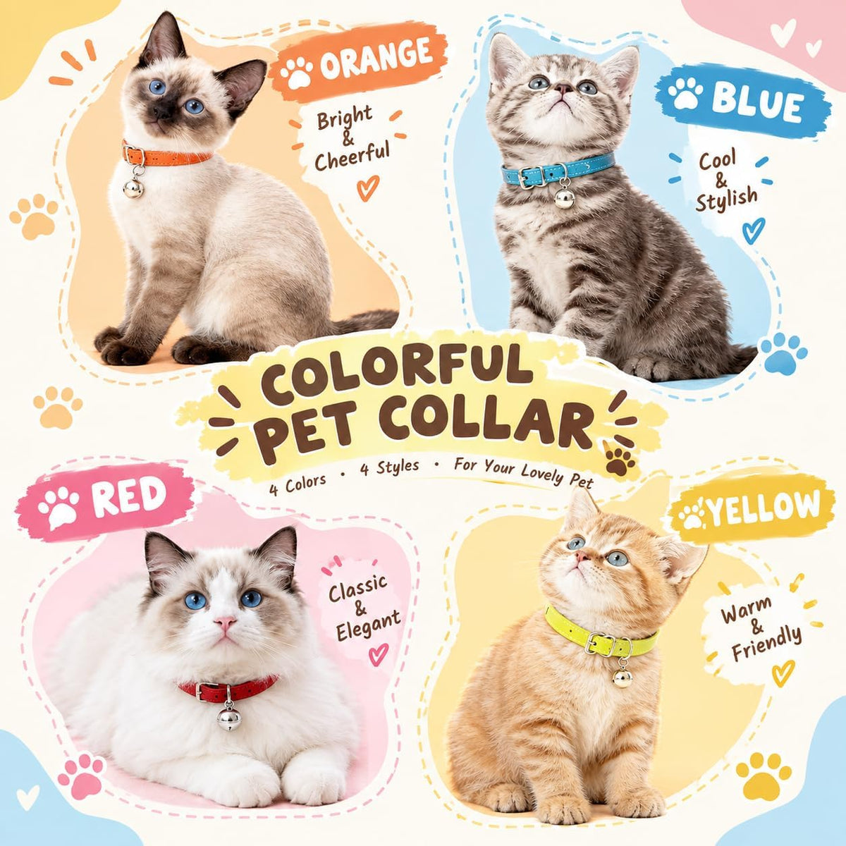 4-Pack Cat Collars with Detachable Bell, Soft PU Leather Adjustable Pet Collar for Cats, Kittens & Small Dogs, 20-28Cm Neck (Pink/Light Blue/Yellow/Orange)