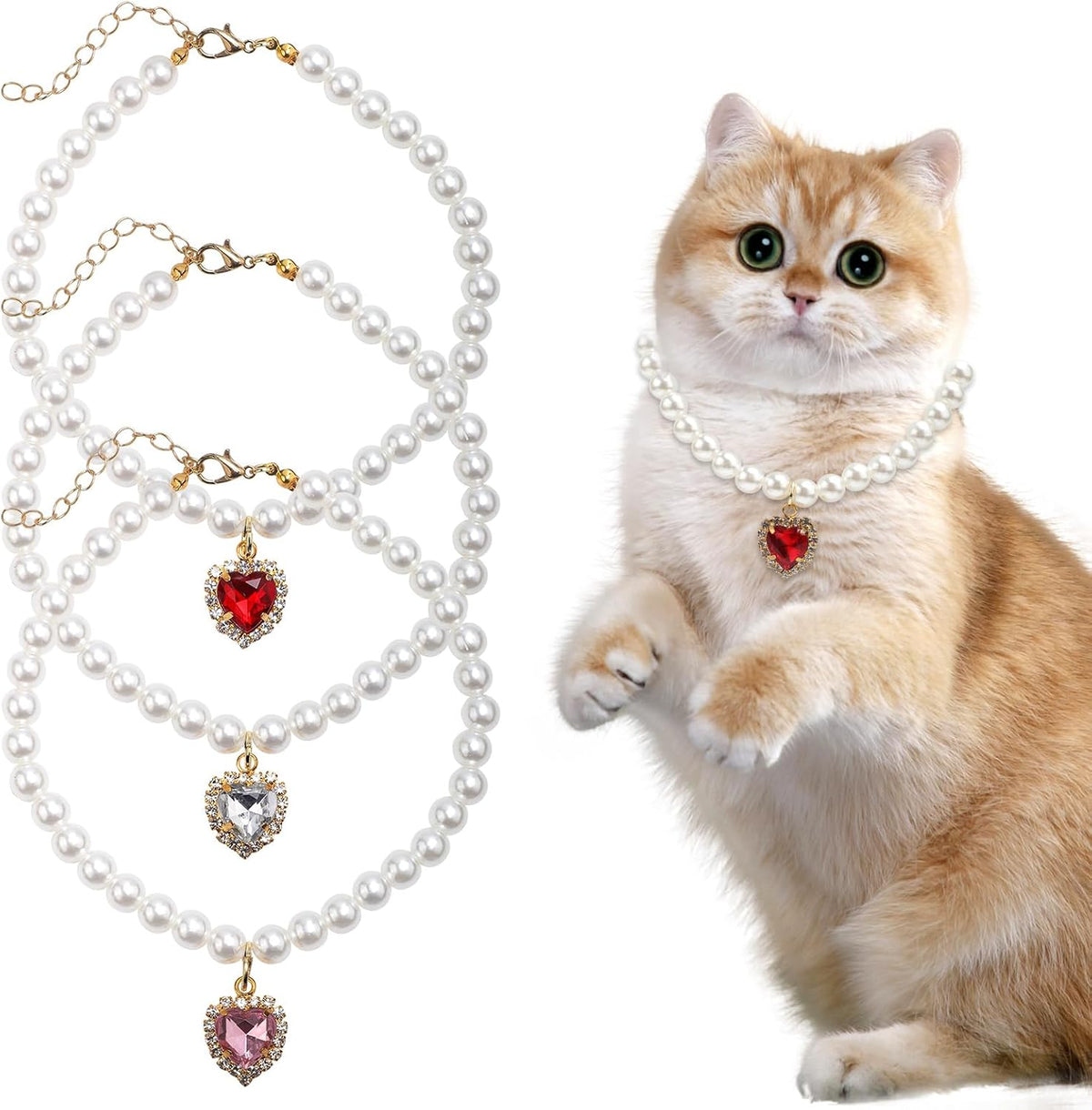 3-Piece Pearl Collar for Dogs and Cats, Adjustable Pearl Collar with Heart-Shaped Rhinestone Pendant, Wedding Jewellery for Small Cat Puppies