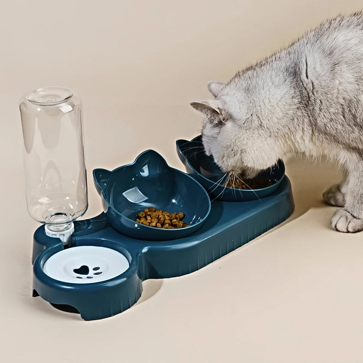 Pet Bowls with Water Feeder, 3 in 1 Ear Design Tilted Cat Water and Food Bowl Set with Gravity Water Bottle for Neck Protection