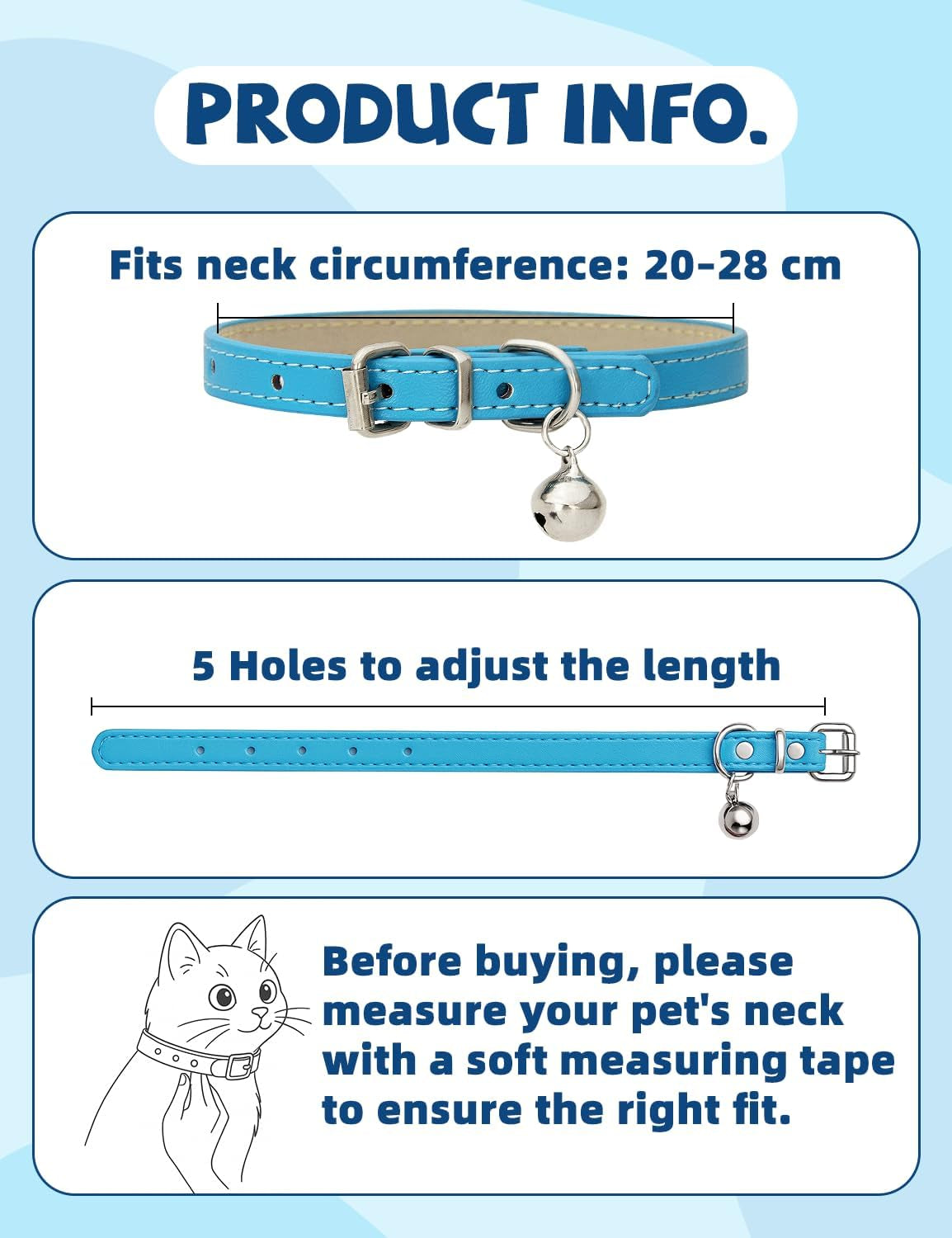 4-Pack Cat Collars with Detachable Bell, Soft PU Leather Adjustable Pet Collar for Cats, Kittens & Small Dogs, 20-28Cm Neck (Beige/Blue/Red/Black)
