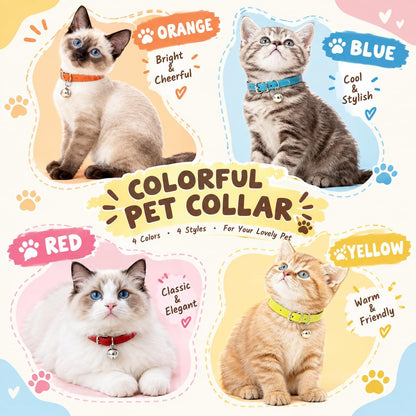 4-Pack Cat Collars with Detachable Bell, Soft PU Leather Adjustable Pet Collar for Cats, Kittens & Small Dogs, 20-28Cm Neck (Pink/Light Blue/Yellow/Orange)