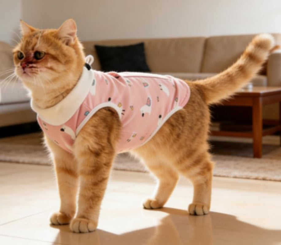 Cat Recovery Suit for Spay Abdominal Wounds, Breathable Cat Onesie for Cats after Surgery, Female Cone of Shame Alternative for Cats anti Licking (S Size, Pink Alpaca Style)