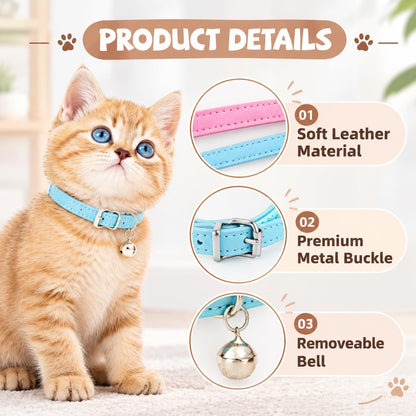 4-Pack Cat Collars with Detachable Bell, Soft PU Leather Adjustable Pet Collar for Cats, Kittens & Small Dogs, 20-28Cm Neck (Pink/Light Blue/Yellow/Orange)