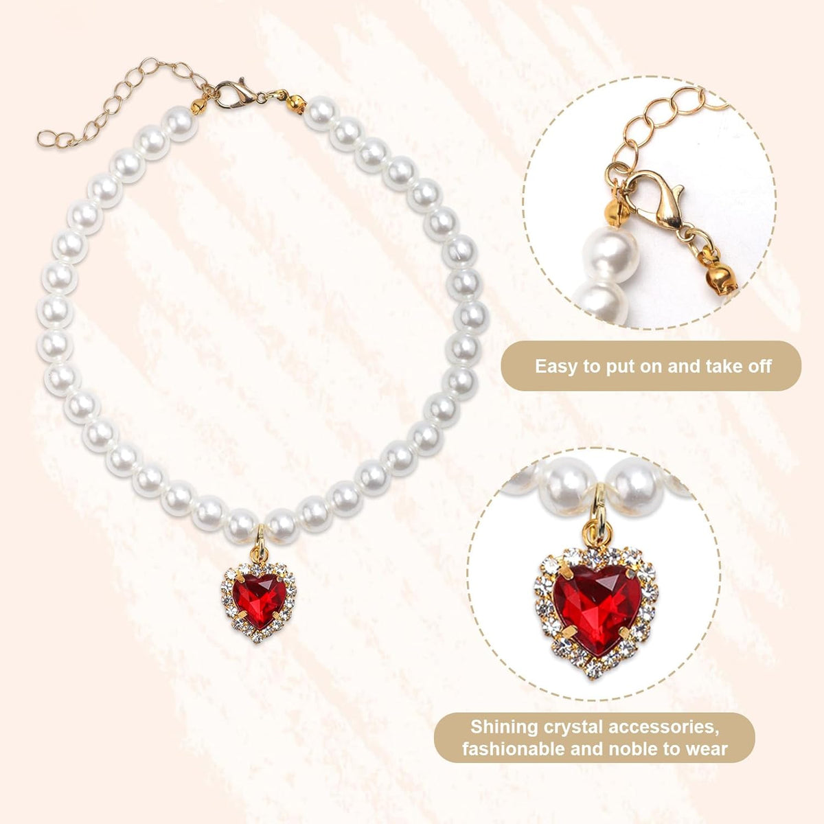 3-Piece Pearl Collar for Dogs and Cats, Adjustable Pearl Collar with Heart-Shaped Rhinestone Pendant, Wedding Jewellery for Small Cat Puppies