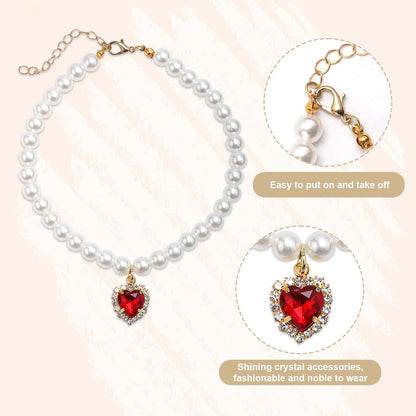 3-Piece Pearl Collar for Dogs and Cats, Adjustable Pearl Collar with Heart-Shaped Rhinestone Pendant, Wedding Jewellery for Small Cat Puppies