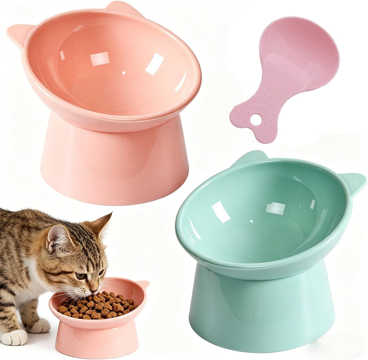 2 PCS High-Foot anti Vomiting Tilted Bowl, Tilted Elevated Cat Bowl, Slanted Feeding Bowls, 15° Tilted Raised Cat Bowls for Cats, Dogs (Pink + Green)