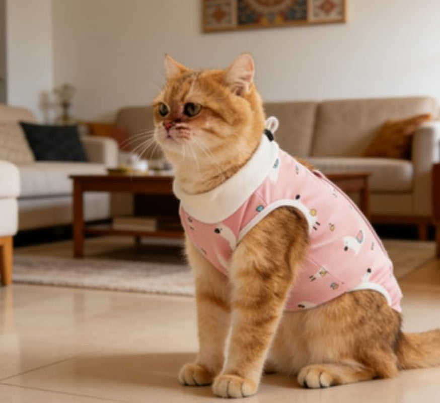 Cat Recovery Suit for Spay Abdominal Wounds, Breathable Cat Onesie for Cats after Surgery, Female Cone of Shame Alternative for Cats anti Licking (S Size, Pink Alpaca Style)