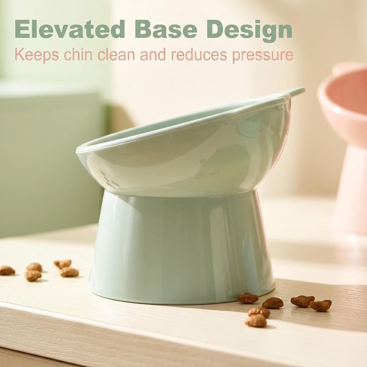 2 PCS High-Foot anti Vomiting Tilted Bowl, Tilted Elevated Cat Bowl, Slanted Feeding Bowls, 15° Tilted Raised Cat Bowls for Cats, Dogs (Pink + Green)