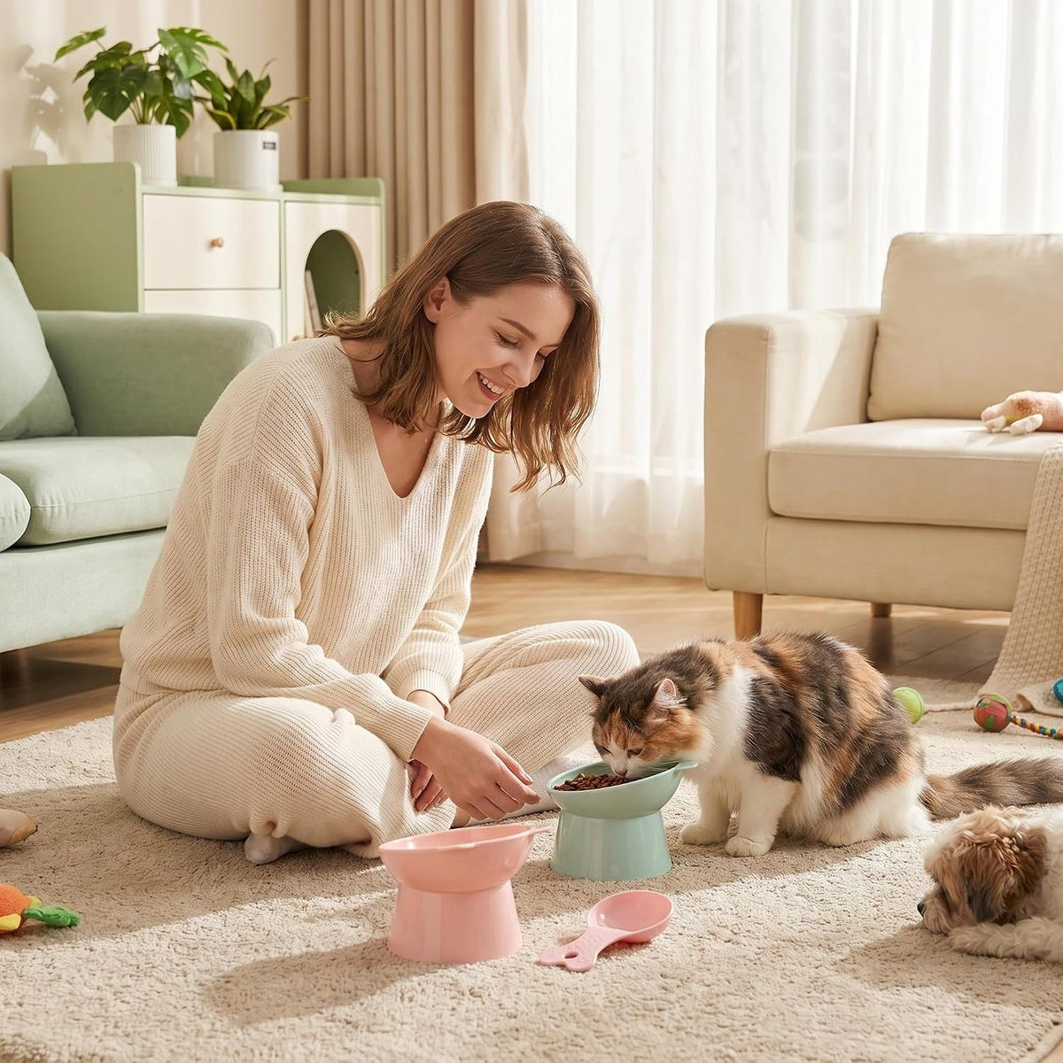 2 PCS High-Foot anti Vomiting Tilted Bowl, Tilted Elevated Cat Bowl, Slanted Feeding Bowls, 15° Tilted Raised Cat Bowls for Cats, Dogs (Pink + Green)