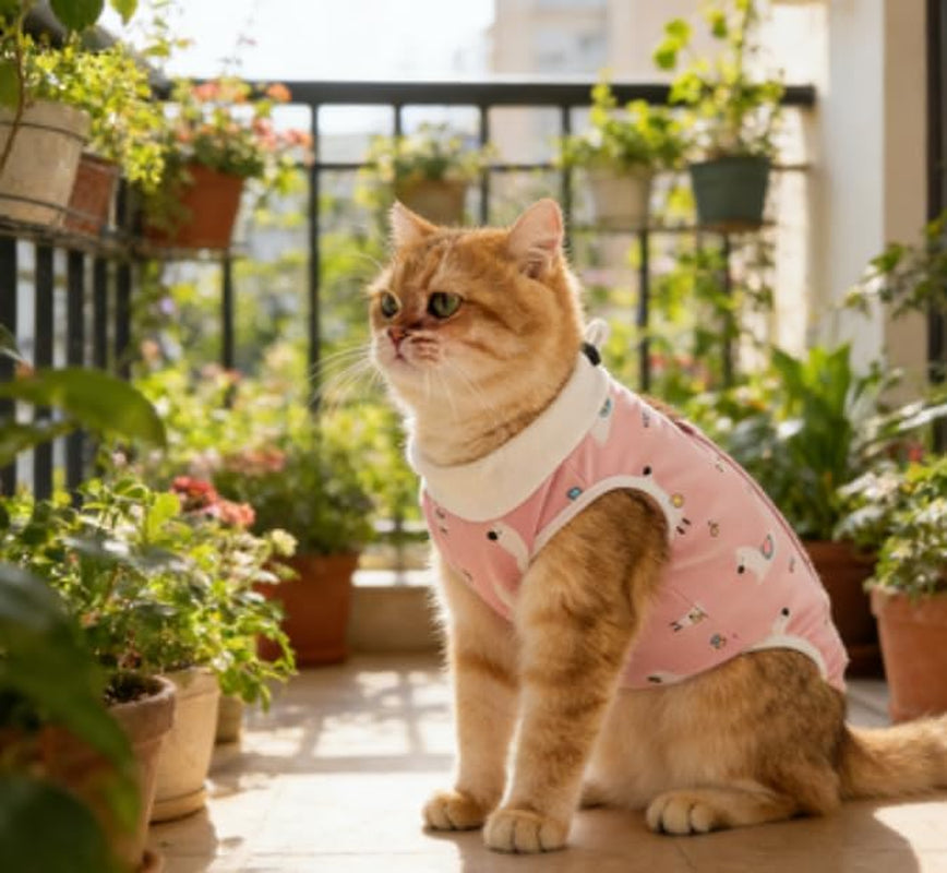 Cat Recovery Suit for Spay Abdominal Wounds, Breathable Cat Onesie for Cats after Surgery, Female Cone of Shame Alternative for Cats anti Licking (S Size, Pink Alpaca Style)