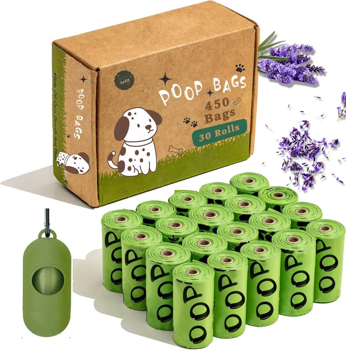 EPI Biodegradable Dog Poop Bags Lavender Scented Pet Poop Bags with Holder Extra Thick Leakproof Dog Poop Bags with Dispenser
