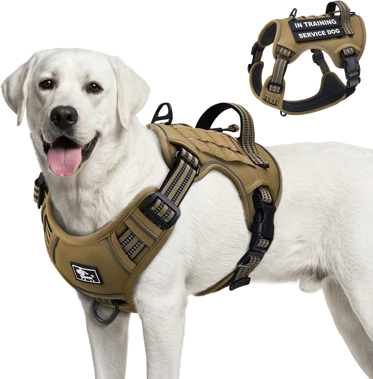 No Pull Tactical Dog Harness, Adjustable Dog Vest with 3 Buckles, 2 D-Rings & Padded Handle, Easy to Put On, Reflective Pet Harness with Molle System for Dogs Outdoor Walking Training