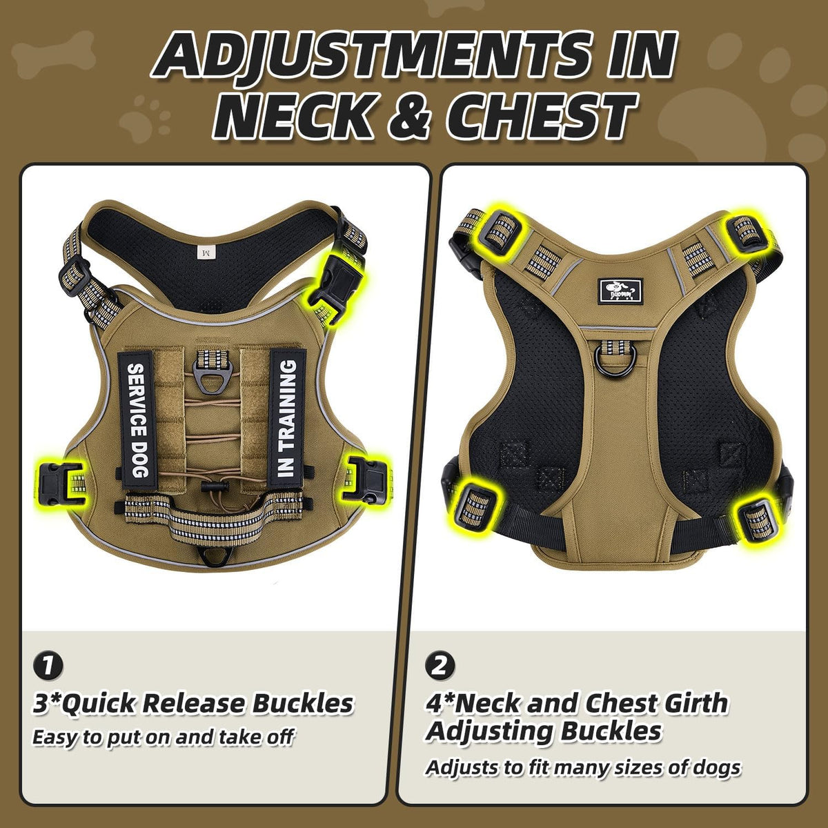 No Pull Tactical Dog Harness, Adjustable Dog Vest with 3 Buckles, 2 D-Rings & Padded Handle, Easy to Put On, Reflective Pet Harness with Molle System for Dogs Outdoor Walking Training