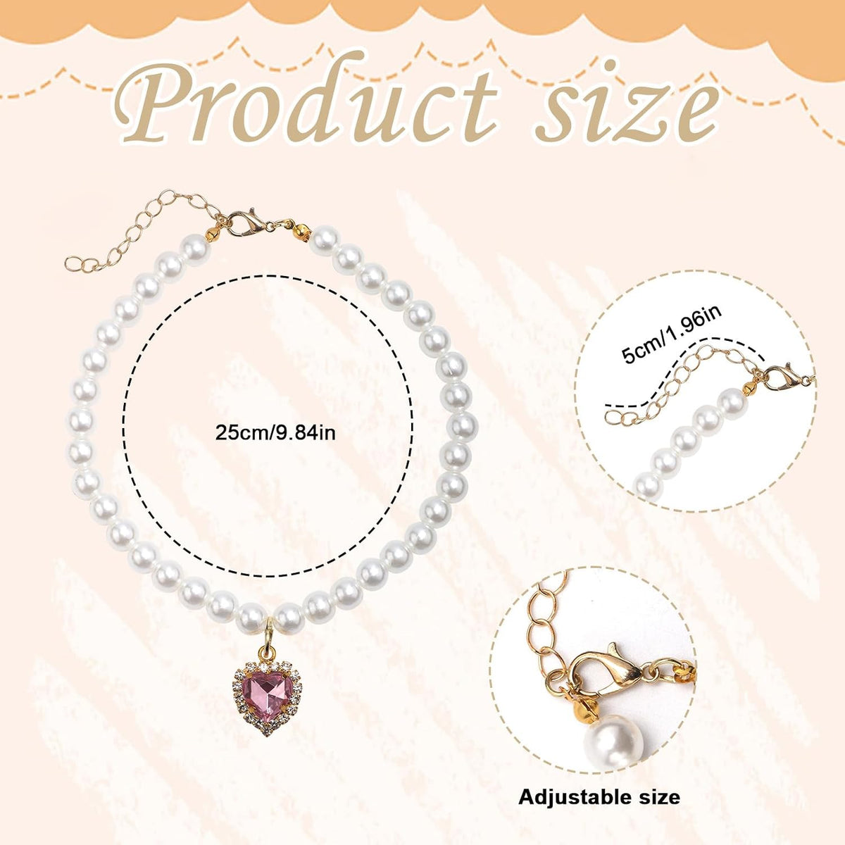 3-Piece Pearl Collar for Dogs and Cats, Adjustable Pearl Collar with Heart-Shaped Rhinestone Pendant, Wedding Jewellery for Small Cat Puppies