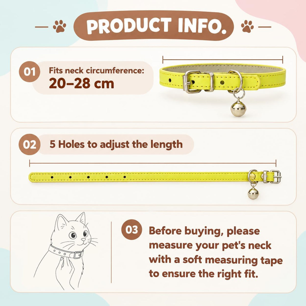 4-Pack Cat Collars with Detachable Bell, Soft PU Leather Adjustable Pet Collar for Cats, Kittens & Small Dogs, 20-28Cm Neck (Pink/Light Blue/Yellow/Orange)