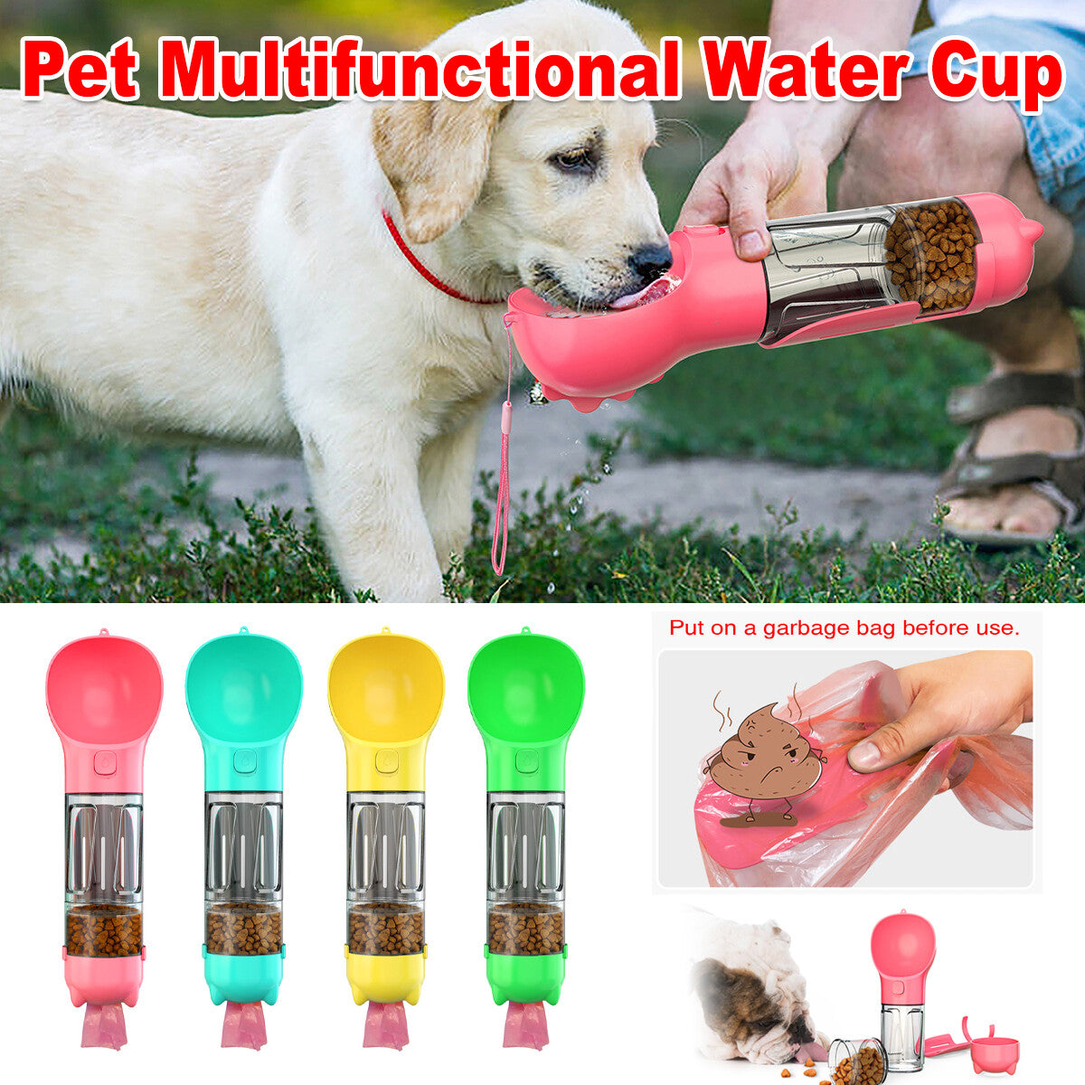 Portable Pet Water Bottle Dog Travel Bowl Dispenser Waste Disposal Bags Outdoor