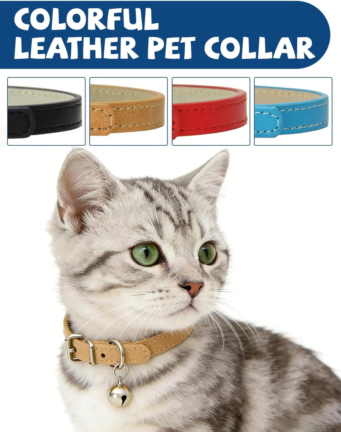 4-Pack Cat Collars with Detachable Bell, Soft PU Leather Adjustable Pet Collar for Cats, Kittens & Small Dogs, 20-28Cm Neck (Beige/Blue/Red/Black)