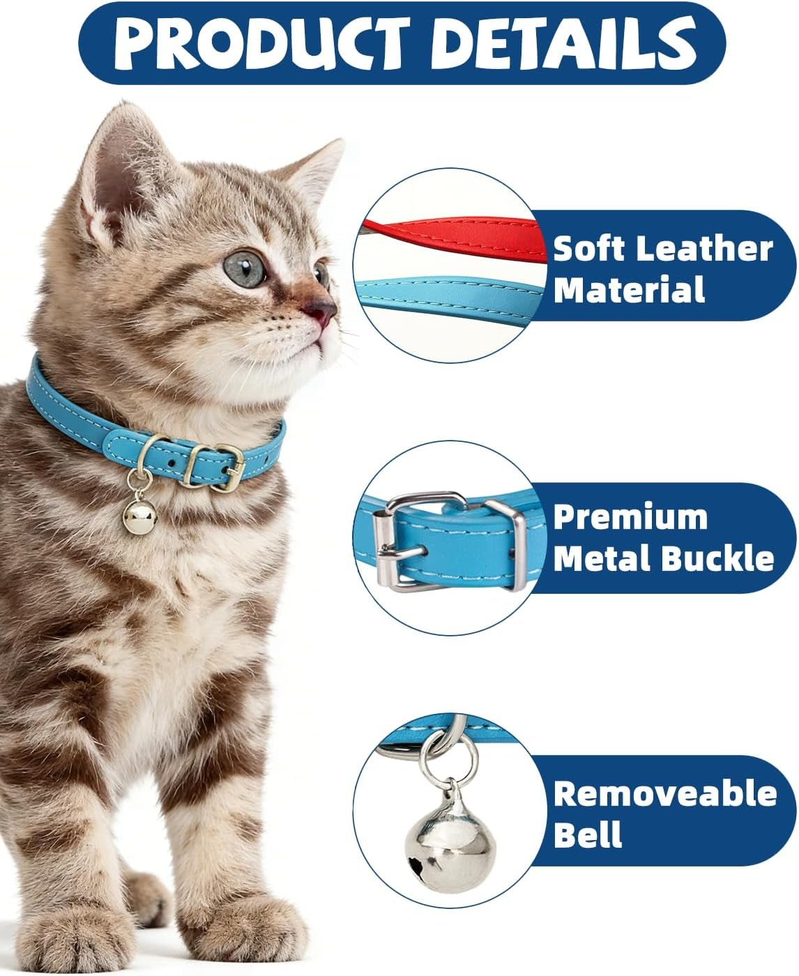 4-Pack Cat Collars with Detachable Bell, Soft PU Leather Adjustable Pet Collar for Cats, Kittens & Small Dogs, 20-28Cm Neck (Beige/Blue/Red/Black)