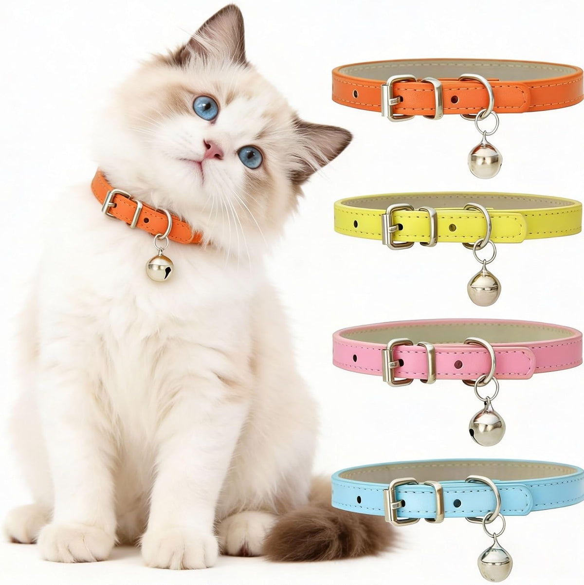 4-Pack Cat Collars with Detachable Bell, Soft PU Leather Adjustable Pet Collar for Cats, Kittens & Small Dogs, 20-28Cm Neck (Pink/Light Blue/Yellow/Orange)