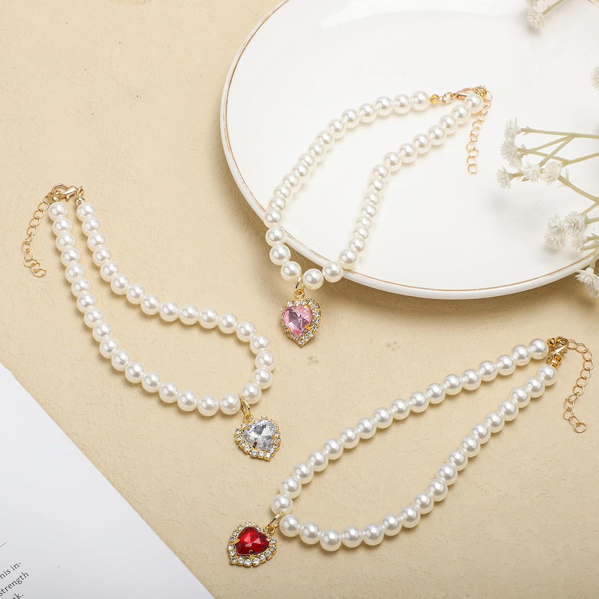 3-Piece Pearl Collar for Dogs and Cats, Adjustable Pearl Collar with Heart-Shaped Rhinestone Pendant, Wedding Jewellery for Small Cat Puppies