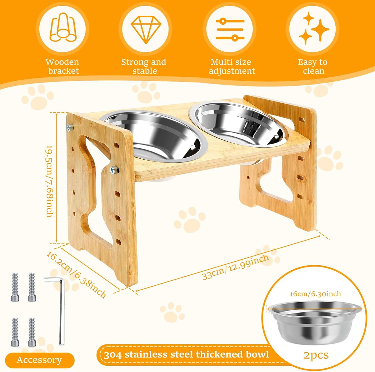 Elevated Dog Bowls, 5 Adjustable Heights Raised Dog Bowl Stand, Ranging from 2 Inches to 7.7 Inches, with 2 Stainless Steel Bowls and anti Slip Feet, for Small Medium Large Pets Dogs Cats