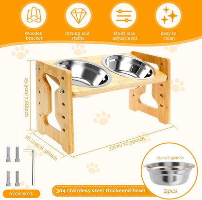 Elevated Dog Bowls, 5 Adjustable Heights Raised Dog Bowl Stand, Ranging from 2 Inches to 7.7 Inches, with 2 Stainless Steel Bowls and anti Slip Feet, for Small Medium Large Pets Dogs Cats