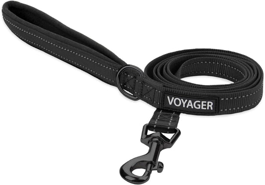 Voyager Reflective Dog Leash with Neoprene Handle, 6Ft Long, Supports Small, Medium, and Large Breed Puppies, Cute and Heavy Duty for Walking, Running, and Training - Black, L