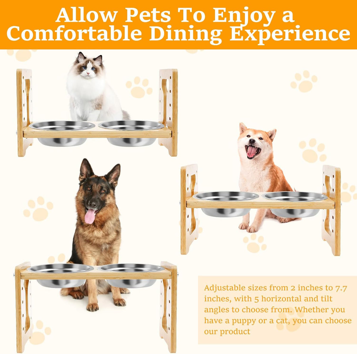 Elevated Dog Bowls, 5 Adjustable Heights Raised Dog Bowl Stand, Ranging from 2 Inches to 7.7 Inches, with 2 Stainless Steel Bowls and anti Slip Feet, for Small Medium Large Pets Dogs Cats