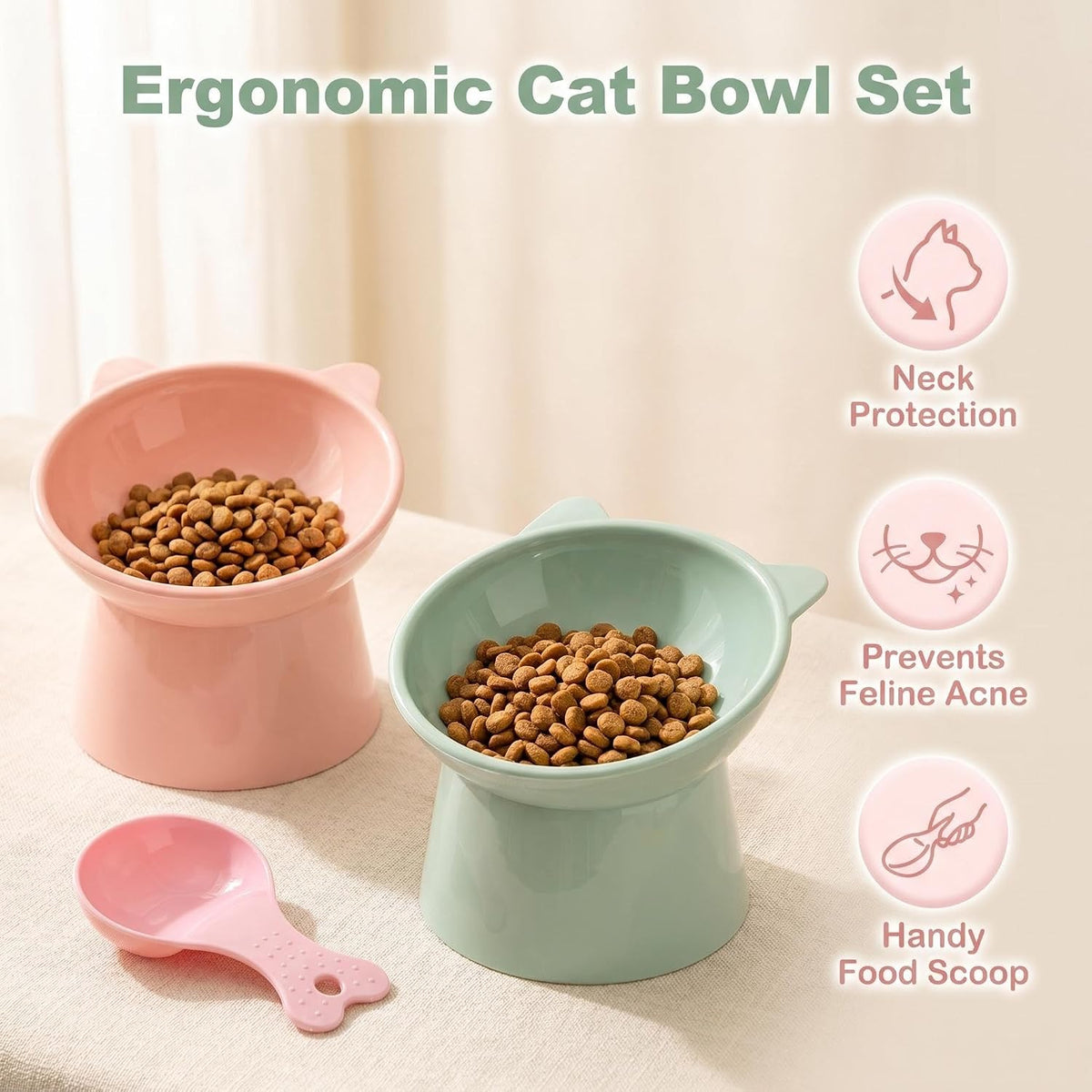 2 PCS High-Foot anti Vomiting Tilted Bowl, Tilted Elevated Cat Bowl, Slanted Feeding Bowls, 15° Tilted Raised Cat Bowls for Cats, Dogs (Pink + Green)