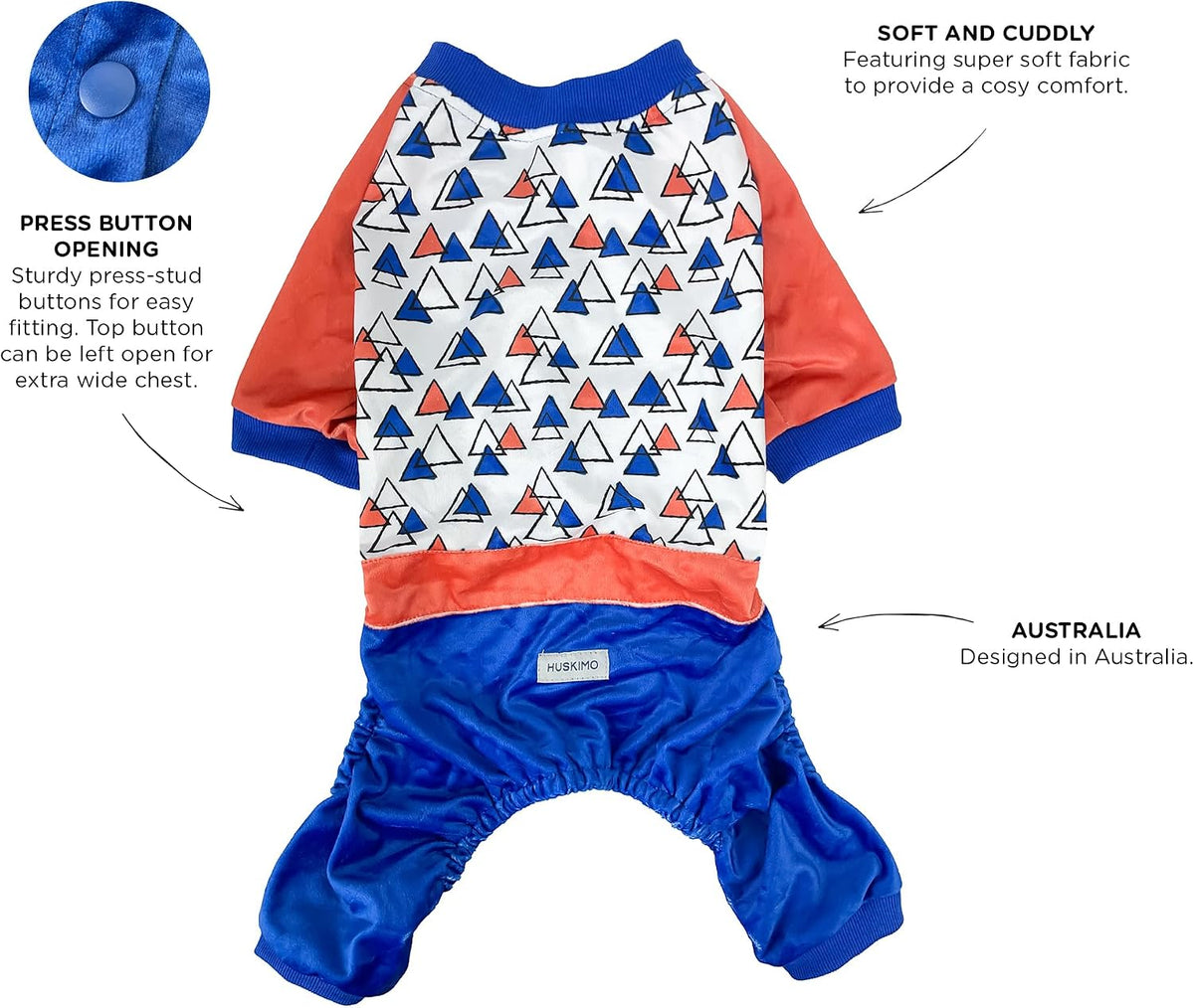 Dog Pyjamas Triangle Blue 40Cm – Soft Dog Pajamas for Winter, Cute Triangle Print, Press-Stud Closure, High Cut Belly, Machine Washable, 8 Size