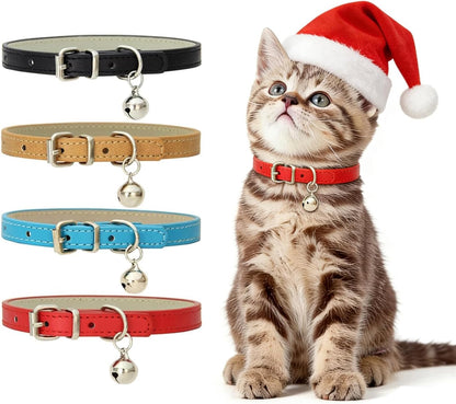 4-Pack Cat Collars with Detachable Bell, Soft PU Leather Adjustable Pet Collar for Cats, Kittens & Small Dogs, 20-28Cm Neck (Beige/Blue/Red/Black)