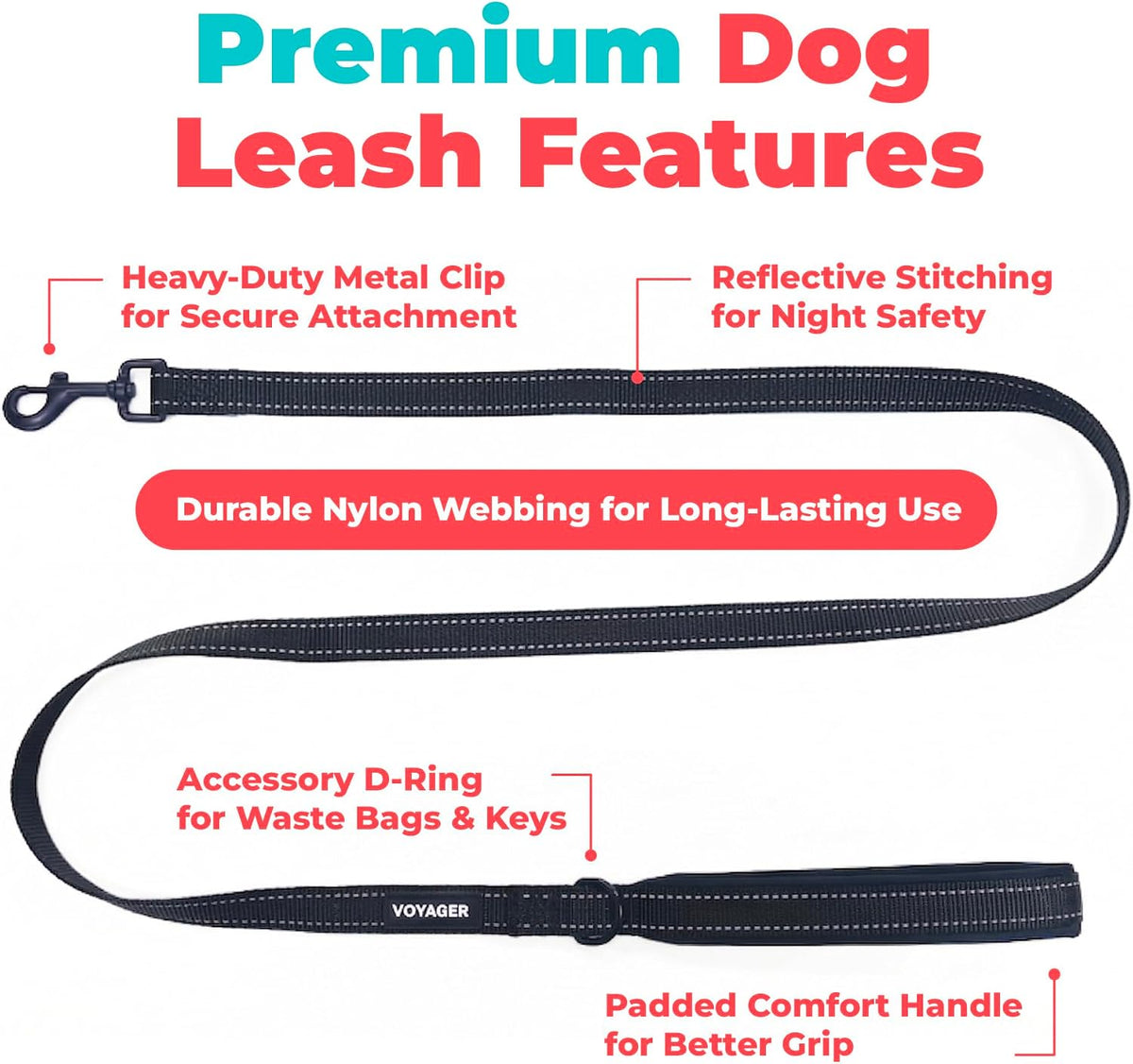 Voyager Reflective Dog Leash with Neoprene Handle, 6Ft Long, Supports Small, Medium, and Large Breed Puppies, Cute and Heavy Duty for Walking, Running, and Training - Black, L