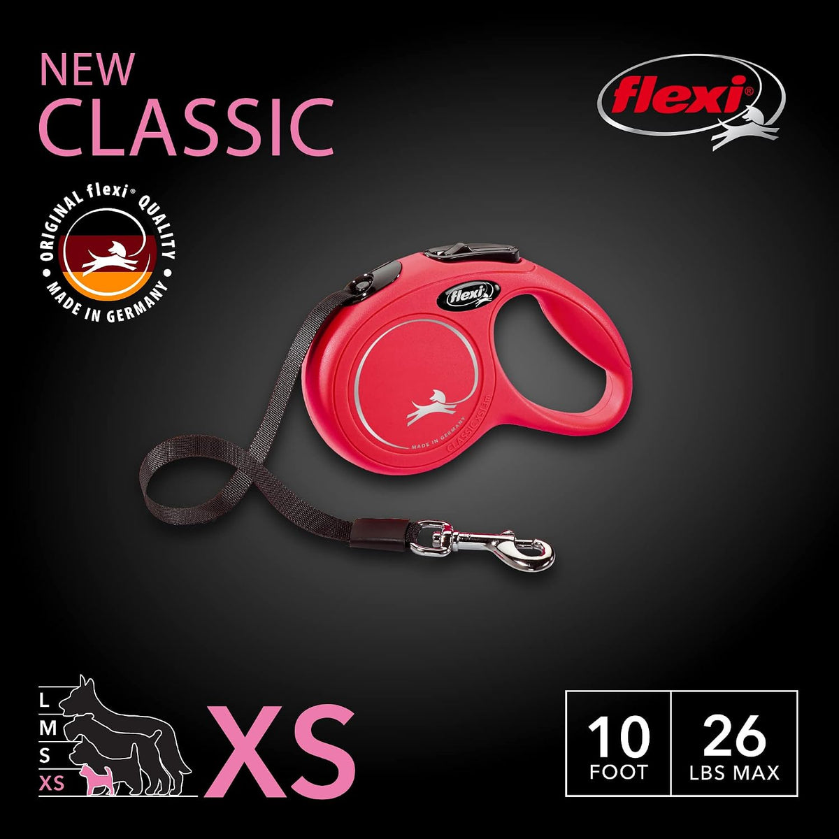 New Classic Retractable Dog Leash (Tape), Ergonomic, Durable and Tangle Free Pet Walking Leash for Dogs, 10 Ft, Extra Small, Red