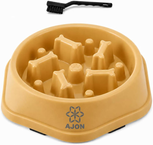 Slow Feeder Pet Bowl, 700 Ml PP Plastic Puzzle Feeding Bowl for Dogs and Cats, Dishwasher Safe Food Bowl with Cleaning Brush, Yellow