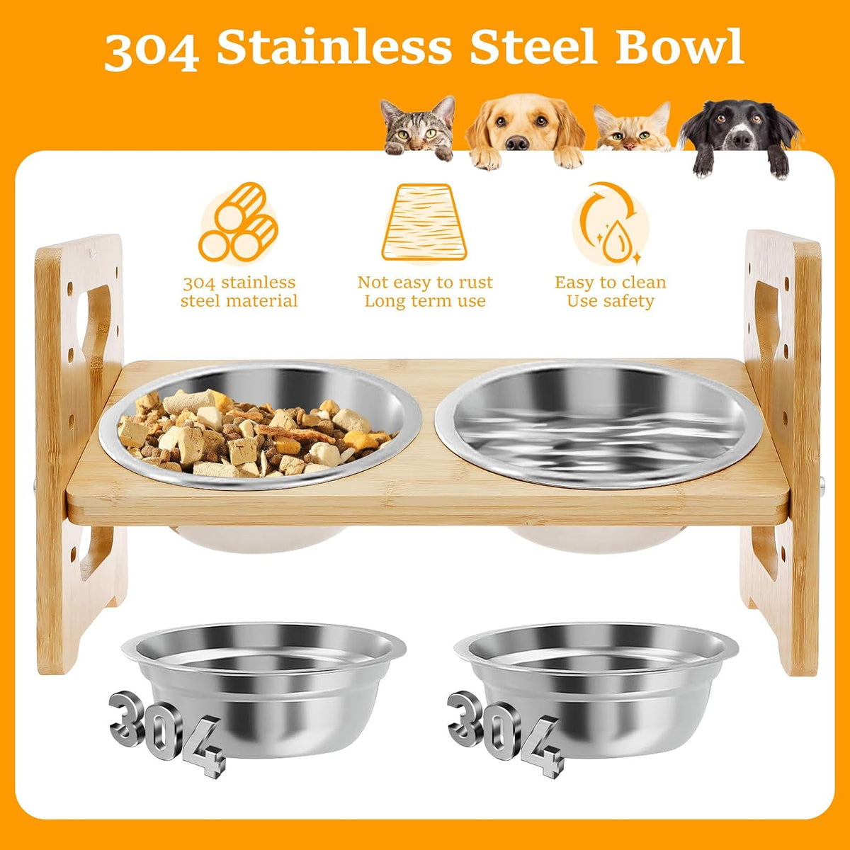 Elevated Dog Bowls, 5 Adjustable Heights Raised Dog Bowl Stand, Ranging from 2 Inches to 7.7 Inches, with 2 Stainless Steel Bowls and anti Slip Feet, for Small Medium Large Pets Dogs Cats