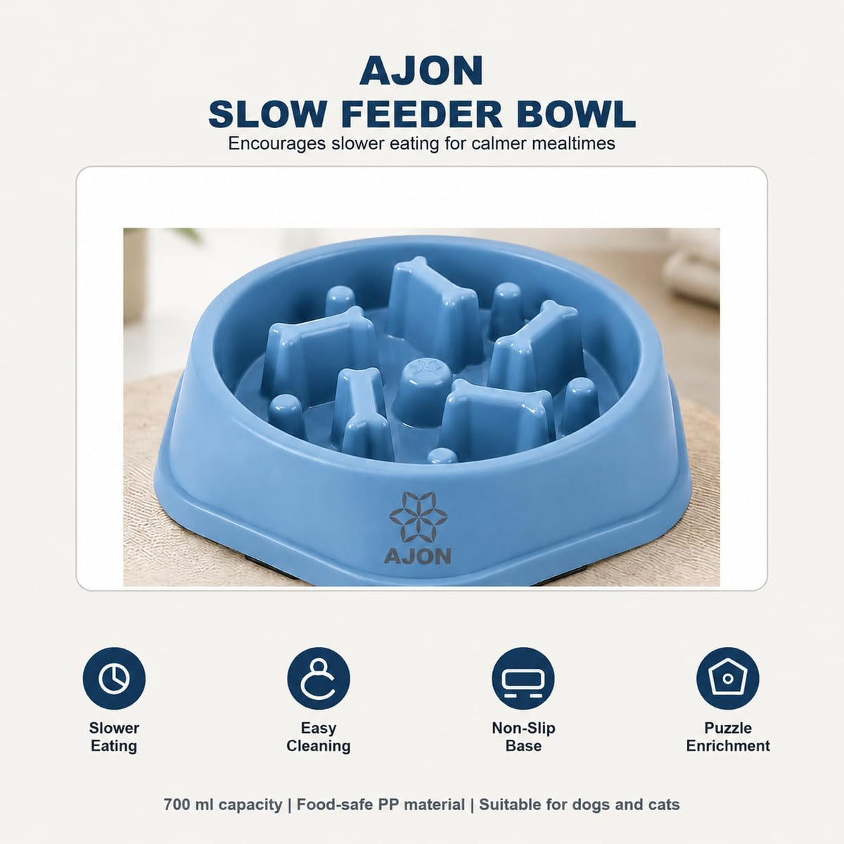 Slow Feeder Pet Bowl, 700 Ml PP Plastic Puzzle Feeding Bowl for Dogs and Cats, Dishwasher Safe Food Bowl with Cleaning Brush, Blue
