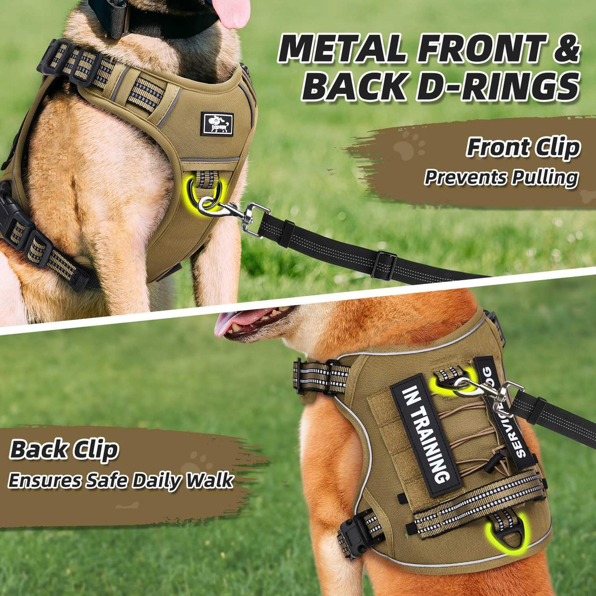 No Pull Tactical Dog Harness, Adjustable Dog Vest with 3 Buckles, 2 D-Rings & Padded Handle, Easy to Put On, Reflective Pet Harness with Molle System for Dogs Outdoor Walking Training