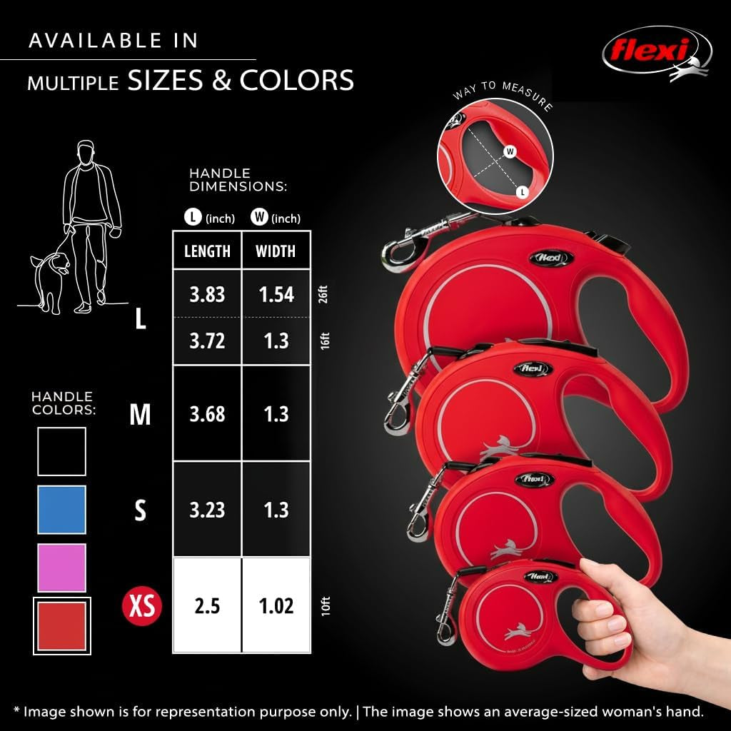New Classic Retractable Dog Leash (Tape), Ergonomic, Durable and Tangle Free Pet Walking Leash for Dogs, 10 Ft, Extra Small, Red