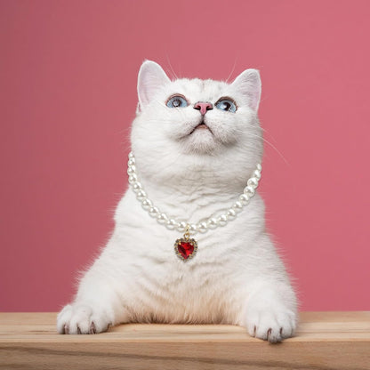 3-Piece Pearl Collar for Dogs and Cats, Adjustable Pearl Collar with Heart-Shaped Rhinestone Pendant, Wedding Jewellery for Small Cat Puppies
