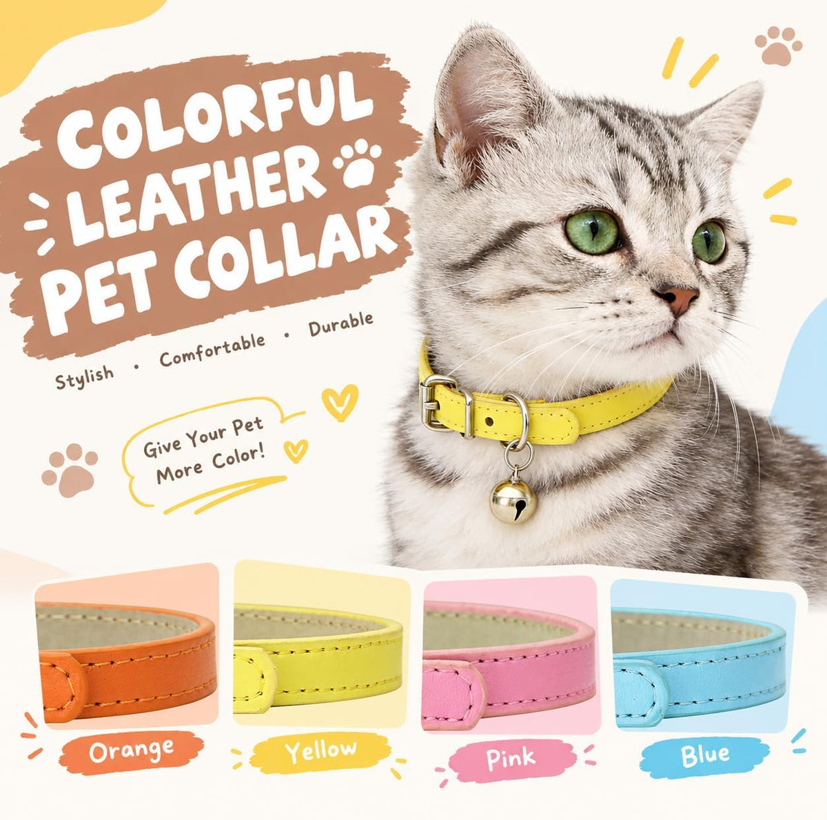 4-Pack Cat Collars with Detachable Bell, Soft PU Leather Adjustable Pet Collar for Cats, Kittens & Small Dogs, 20-28Cm Neck (Pink/Light Blue/Yellow/Orange)